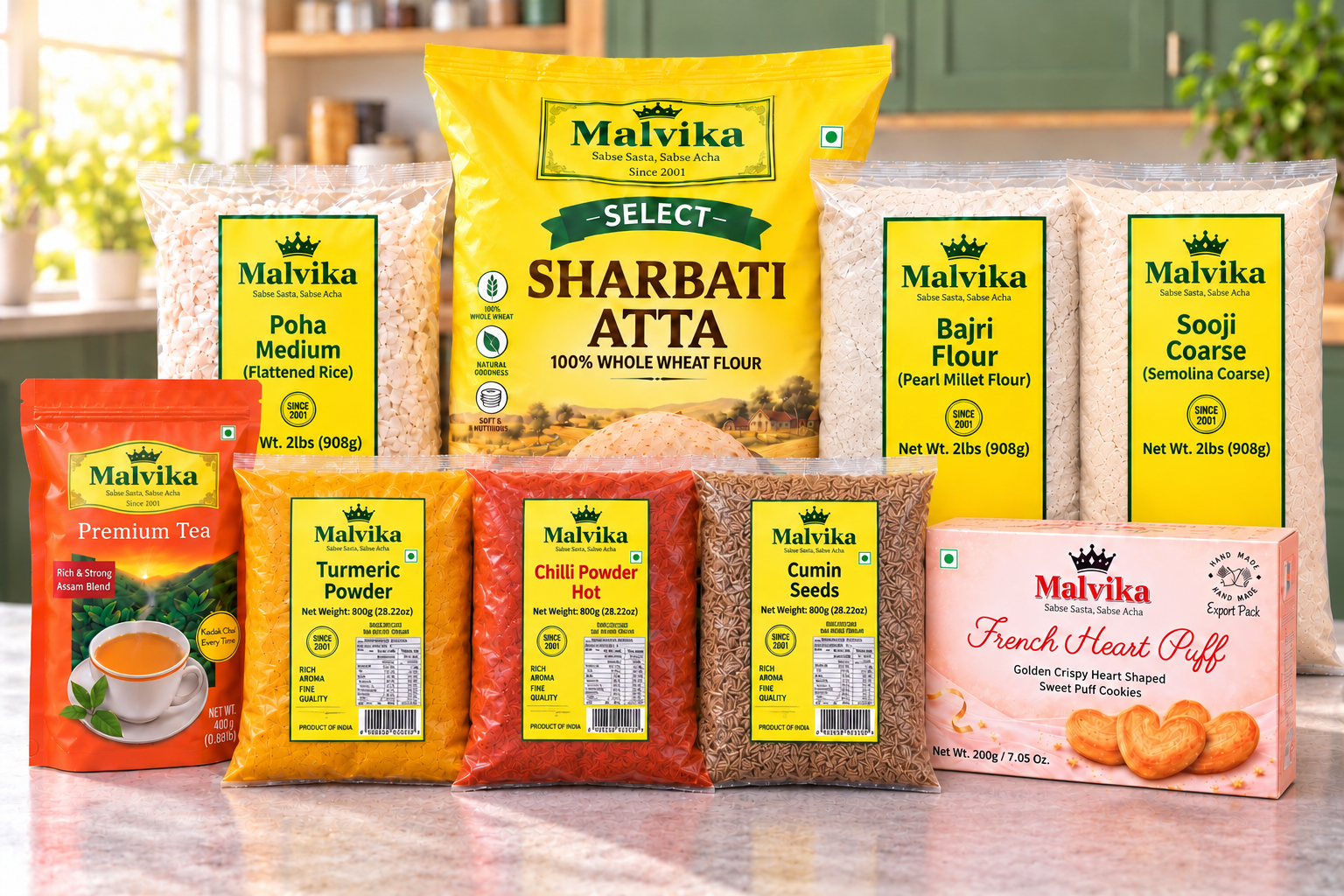 Malvika Sharbati Atta, Premium Tea, Poha, Bajri Flour, Sooji Coarse, 800g spice pouches and French Heart Puff